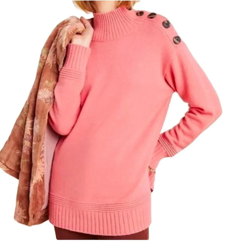 Anthropologie Margarita Tunic Sweater Button Shoulder Coral Pink Pullover Small